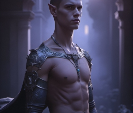 Handsome Male Elves, majestic young male elf standing in an elaborate elven background, in a dark ethereal realm. With pointed ears, wearing glamorous, luxurious, and fierce outfits is an Elven city, full of handsome, and sexy, shirtless elf men, that are adorned with shimmering, iridescent armor.