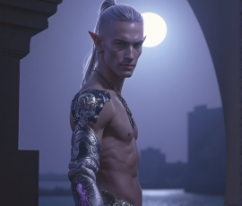 Handsome Male Elves, majestic young male elf standing in an elaborate elven background, in a dark ethereal realm. With pointed ears, wearing glamorous, luxurious, and fierce outfits is an Elven city, full of handsome, and sexy, shirtless elf men, that are adorned with shimmering, iridescent armor.