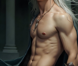 Handsome Male Elves, majestic young male elf standing in an elaborate elven background, in a dark ethereal realm. With pointed ears, wearing glamorous, luxurious, and fierce outfits is an Elven city, full of handsome, and sexy, shirtless elf men, that are adorned with shimmering, iridescent armor.