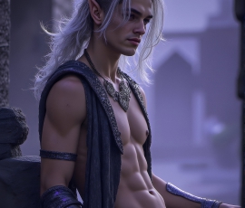 Handsome Male Elves, majestic young male elf standing in an elaborate elven background, in a dark ethereal realm. With pointed ears, wearing glamorous, luxurious, and fierce outfits is an Elven city, full of handsome, and sexy, shirtless elf men, that are adorned with shimmering, iridescent armor.