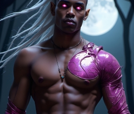 Handsome Male Elves, majestic young male elf standing in an elaborate elven background, in a dark ethereal realm. With pointed ears, wearing glamorous, luxurious, and fierce outfits is an Elven city, full of handsome, and sexy, shirtless elf men, that are adorned with shimmering, iridescent armor.