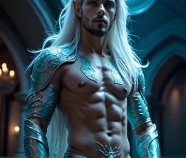 Handsome Male Elves, majestic young male elf standing in an elaborate elven background, in a dark ethereal realm. With pointed ears, wearing glamorous, luxurious, and fierce outfits is an Elven city, full of handsome, and sexy, shirtless elf men, that are adorned with shimmering, iridescent armor.