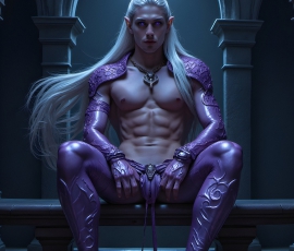 Handsome Male Elves, majestic young male elf standing in an elaborate elven background, in a dark ethereal realm. With pointed ears, wearing glamorous, luxurious, and fierce outfits is an Elven city, full of handsome, and sexy, shirtless elf men, that are adorned with shimmering, iridescent armor.