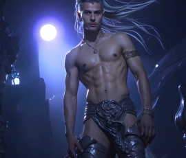 Handsome Male Elves, majestic young male elf standing in an elaborate elven background, in a dark ethereal realm. With pointed ears, wearing glamorous, luxurious, and fierce outfits is an Elven city, full of handsome, and sexy, shirtless elf men, that are adorned with shimmering, iridescent armor.