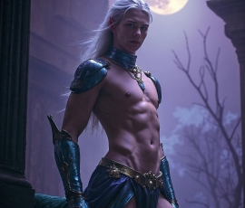 Handsome Male Elves, majestic young male elf standing in an elaborate elven background, in a dark ethereal realm. With pointed ears, wearing glamorous, luxurious, and fierce outfits is an Elven city, full of handsome, and sexy, shirtless elf men, that are adorned with shimmering, iridescent armor.
