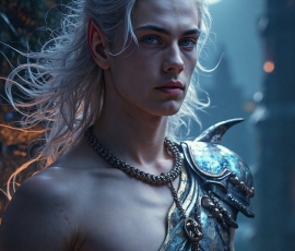 Handsome Male Elves, majestic young male elf standing in an elaborate elven background, in a dark ethereal realm. With pointed ears, wearing glamorous, luxurious, and fierce outfits is an Elven city, full of handsome, and sexy, shirtless elf men, that are adorned with shimmering, iridescent armor.