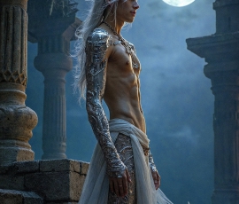 Handsome Male Elves, majestic young male elf standing in an elaborate elven background, in a dark ethereal realm. With pointed ears, wearing glamorous, luxurious, and fierce outfits is an Elven city, full of handsome, and sexy, shirtless elf men, that are adorned with shimmering, iridescent armor.