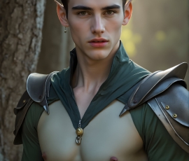 Handsome Male Elves, majestic young male elf standing in an elaborate elven background, in a dark ethereal realm. With pointed ears, wearing glamorous, luxurious, and fierce outfits is an Elven city, full of handsome, and sexy, shirtless elf men, that are adorned with shimmering, iridescent armor.