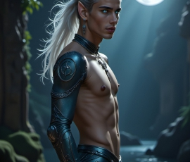 Handsome Male Elves, majestic young male elf standing in an elaborate elven background, in a dark ethereal realm. With pointed ears, wearing glamorous, luxurious, and fierce outfits is an Elven city, full of handsome, and sexy, shirtless elf men, that are adorned with shimmering, iridescent armor.