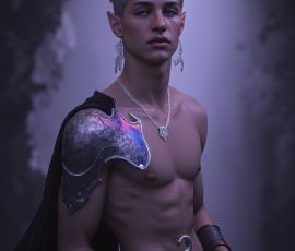 Handsome Male Elves, majestic young male elf standing in an elaborate elven background, in a dark ethereal realm. With pointed ears, wearing glamorous, luxurious, and fierce outfits is an Elven city, full of handsome, and sexy, shirtless elf men, that are adorned with shimmering, iridescent armor.