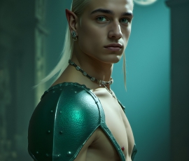 Handsome Male Elves, majestic young male elf standing in an elaborate elven background, in a dark ethereal realm. With pointed ears, wearing glamorous, luxurious, and fierce outfits is an Elven city, full of handsome, and sexy, shirtless elf men, that are adorned with shimmering, iridescent armor.