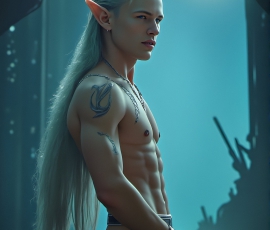 Handsome Male Elves, majestic young male elf standing in an elaborate elven background, in a dark ethereal realm. With pointed ears, wearing glamorous, luxurious, and fierce outfits is an Elven city, full of handsome, and sexy, shirtless elf men, that are adorned with shimmering, iridescent armor.