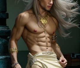 Handsome Male Elves, majestic young male elf standing in an elaborate elven background, in a dark ethereal realm. With pointed ears, wearing glamorous, luxurious, and fierce outfits is an Elven city, full of handsome, and sexy, shirtless elf men, that are adorned with shimmering, iridescent armor.