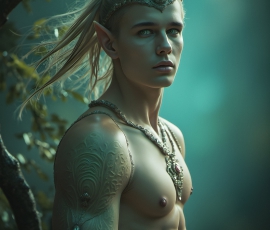 Handsome Male Elves, majestic young male elf standing in an elaborate elven background, in a dark ethereal realm. With pointed ears, wearing glamorous, luxurious, and fierce outfits is an Elven city, full of handsome, and sexy, shirtless elf men, that are adorned with shimmering, iridescent armor.