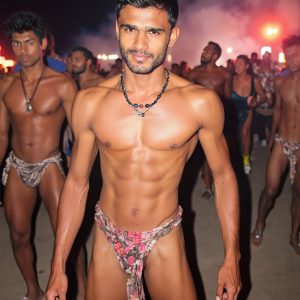 Bad Boys Naked Beach Party II. A full-body composition of a nude young man standing near a crackling bonfire, on a serene moonlit night at the beach. The gentle glow of the flames, flickers across his shinny wet body, catching his contours, and highlighting his muscular physique and handsome face. People everywhere partying, dancing to the music, having a good time together, naked, and free.