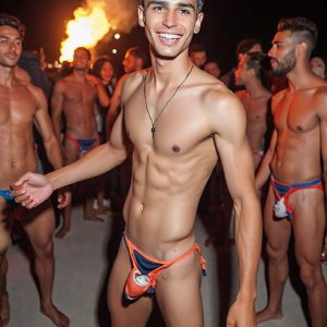 Bad Boys Naked Beach Party II. A full-body composition of a nude young man standing near a crackling bonfire, on a serene moonlit night at the beach. The gentle glow of the flames, flickers across his shinny wet body, catching his contours, and highlighting his muscular physique and handsome face. People everywhere partying, dancing to the music, having a good time together, naked, and free.