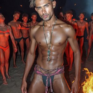 Bad Boys Naked Beach Party II. A full-body composition of a nude young man standing near a crackling bonfire, on a serene moonlit night at the beach. The gentle glow of the flames, flickers across his shinny wet body, catching his contours, and highlighting his muscular physique and handsome face. People everywhere partying, dancing to the music, having a good time together, naked, and free.