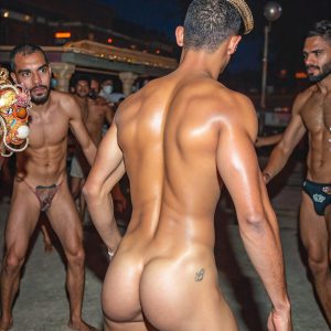 Bad Boys Naked Beach Party II. A full-body composition of a nude young man standing near a crackling bonfire, on a serene moonlit night at the beach. The gentle glow of the flames, flickers across his shinny wet body, catching his contours, and highlighting his muscular physique and handsome face. People everywhere partying, dancing to the music, having a good time together, naked, and free.