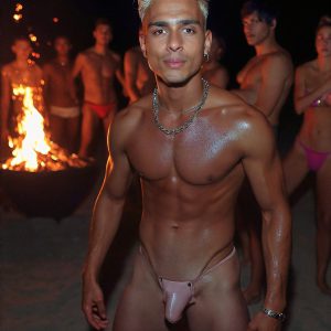 Bad Boys Naked Beach Party II. A full-body composition of a nude young man standing near a crackling bonfire, on a serene moonlit night at the beach. The gentle glow of the flames, flickers across his shinny wet body, catching his contours, and highlighting his muscular physique and handsome face. People everywhere partying, dancing to the music, having a good time together, naked, and free.