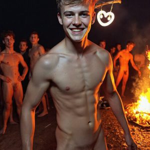 Bad Boys Naked Beach Party II. A full-body composition of a nude young man standing near a crackling bonfire, on a serene moonlit night at the beach. The gentle glow of the flames, flickers across his shinny wet body, catching his contours, and highlighting his muscular physique and handsome face. People everywhere partying, dancing to the music, having a good time together, naked, and free.