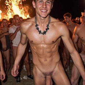 Bad Boys Naked Beach Party II. A full-body composition of a nude young man standing near a crackling bonfire, on a serene moonlit night at the beach. The gentle glow of the flames, flickers across his shinny wet body, catching his contours, and highlighting his muscular physique and handsome face. People everywhere partying, dancing to the music, having a good time together, naked, and free.