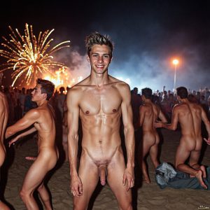 Bad Boys Naked Beach Party II. A full-body composition of a nude young man standing near a crackling bonfire, on a serene moonlit night at the beach. The gentle glow of the flames, flickers across his shinny wet body, catching his contours, and highlighting his muscular physique and handsome face. People everywhere partying, dancing to the music, having a good time together, naked, and free.
