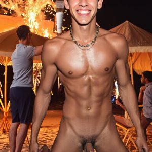 Bad Boys Naked Beach Party II. A full-body composition of a nude young man standing near a crackling bonfire, on a serene moonlit night at the beach. The gentle glow of the flames, flickers across his shinny wet body, catching his contours, and highlighting his muscular physique and handsome face. People everywhere partying, dancing to the music, having a good time together, naked, and free.