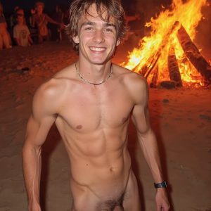 Bad Boys Naked Beach Party II. A full-body composition of a nude young man standing near a crackling bonfire, on a serene moonlit night at the beach. The gentle glow of the flames, flickers across his shinny wet body, catching his contours, and highlighting his muscular physique and handsome face. People everywhere partying, dancing to the music, having a good time together, naked, and free.
