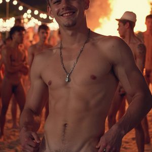 Bad Boys Naked Beach Party II. A full-body composition of a nude young man standing near a crackling bonfire, on a serene moonlit night at the beach. The gentle glow of the flames, flickers across his shinny wet body, catching his contours, and highlighting his muscular physique and handsome face. People everywhere partying, dancing to the music, having a good time together, naked, and free.