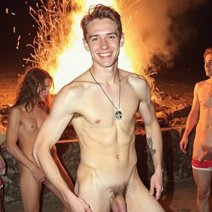 Bad Boys Naked Beach Party II. A full-body composition of a nude young man standing near a crackling bonfire, on a serene moonlit night at the beach. The gentle glow of the flames, flickers across his shinny wet body, catching his contours, and highlighting his muscular physique and handsome face. People everywhere partying, dancing to the music, having a good time together, naked, and free.