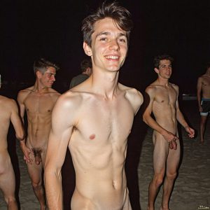 Bad Boys Naked Beach Party II. A full-body composition of a nude young man standing near a crackling bonfire, on a serene moonlit night at the beach. The gentle glow of the flames, flickers across his shinny wet body, catching his contours, and highlighting his muscular physique and handsome face. People everywhere partying, dancing to the music, having a good time together, naked, and free.