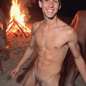Bad Boys Naked Beach Party II. A full-body composition of a nude young man standing near a crackling bonfire, on a serene moonlit night at the beach. The gentle glow of the flames, flickers across his shinny wet body, catching his contours, and highlighting his muscular physique and handsome face. People everywhere partying, dancing to the music, having a good time together, naked, and free.