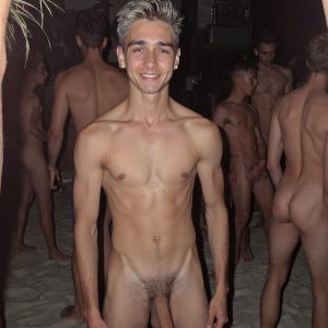 Bad Boys Naked Beach Party II. A full-body composition of a nude young man standing near a crackling bonfire, on a serene moonlit night at the beach. The gentle glow of the flames, flickers across his shinny wet body, catching his contours, and highlighting his muscular physique and handsome face. People everywhere partying, dancing to the music, having a good time together, naked, and free.