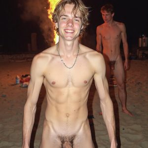 Bad Boys Naked Beach Party II. A full-body composition of a nude young man standing near a crackling bonfire, on a serene moonlit night at the beach. The gentle glow of the flames, flickers across his shinny wet body, catching his contours, and highlighting his muscular physique and handsome face. People everywhere partying, dancing to the music, having a good time together, naked, and free.