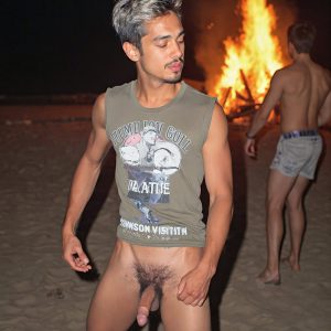 Bad Boys Naked Beach Party II. A full-body composition of a nude young man standing near a crackling bonfire, on a serene moonlit night at the beach. The gentle glow of the flames, flickers across his shinny wet body, catching his contours, and highlighting his muscular physique and handsome face. People everywhere partying, dancing to the music, having a good time together, naked, and free.