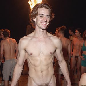 Bad Boys Naked Beach Party II. A full-body composition of a nude young man standing near a crackling bonfire, on a serene moonlit night at the beach. The gentle glow of the flames, flickers across his shinny wet body, catching his contours, and highlighting his muscular physique and handsome face. People everywhere partying, dancing to the music, having a good time together, naked, and free.