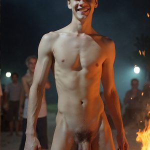 Bad Boys Naked Beach Party II. A full-body composition of a nude young man standing near a crackling bonfire, on a serene moonlit night at the beach. The gentle glow of the flames, flickers across his shinny wet body, catching his contours, and highlighting his muscular physique and handsome face. People everywhere partying, dancing to the music, having a good time together, naked, and free.