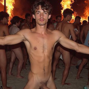 Bad Boys Naked Beach Party II. A full-body composition of a nude young man standing near a crackling bonfire, on a serene moonlit night at the beach. The gentle glow of the flames, flickers across his shinny wet body, catching his contours, and highlighting his muscular physique and handsome face. People everywhere partying, dancing to the music, having a good time together, naked, and free.