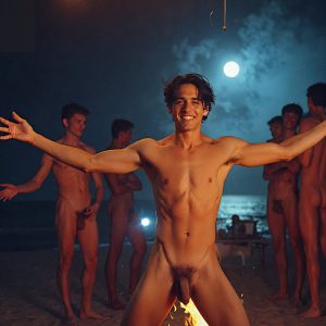 Bad Boys Naked Beach Party II. A full-body composition of a nude young man standing near a crackling bonfire, on a serene moonlit night at the beach. The gentle glow of the flames, flickers across his shinny wet body, catching his contours, and highlighting his muscular physique and handsome face. People everywhere partying, dancing to the music, having a good time together, naked, and free.