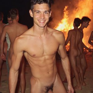 Bad Boys Naked Beach Party II. A full-body composition of a nude young man standing near a crackling bonfire, on a serene moonlit night at the beach. The gentle glow of the flames, flickers across his shinny wet body, catching his contours, and highlighting his muscular physique and handsome face. People everywhere partying, dancing to the music, having a good time together, naked, and free.