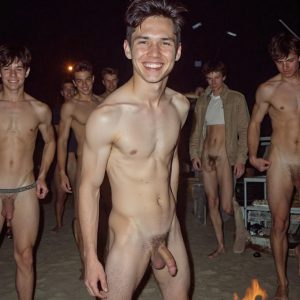 Bad Boys Naked Beach Party II. A full-body composition of a nude young man standing near a crackling bonfire, on a serene moonlit night at the beach. The gentle glow of the flames, flickers across his shinny wet body, catching his contours, and highlighting his muscular physique and handsome face. People everywhere partying, dancing to the music, having a good time together, naked, and free.