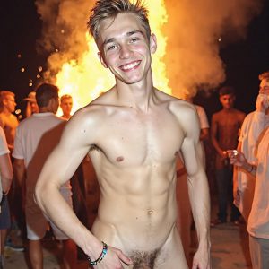 Bad Boys Naked Beach Party II. A full-body composition of a nude young man standing near a crackling bonfire, on a serene moonlit night at the beach. The gentle glow of the flames, flickers across his shinny wet body, catching his contours, and highlighting his muscular physique and handsome face. People everywhere partying, dancing to the music, having a good time together, naked, and free.