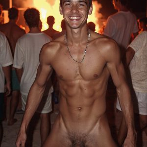Bad Boys Naked Beach Party II. A full-body composition of a nude young man standing near a crackling bonfire, on a serene moonlit night at the beach. The gentle glow of the flames, flickers across his shinny wet body, catching his contours, and highlighting his muscular physique and handsome face. People everywhere partying, dancing to the music, having a good time together, naked, and free.