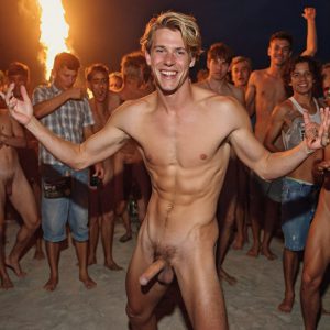 Bad Boys Naked Beach Party II. A full-body composition of a nude young man standing near a crackling bonfire, on a serene moonlit night at the beach. The gentle glow of the flames, flickers across his shinny wet body, catching his contours, and highlighting his muscular physique and handsome face. People everywhere partying, dancing to the music, having a good time together, naked, and free.