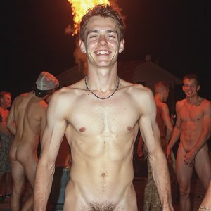 Bad Boys Naked Beach Party II. A full-body composition of a nude young man standing near a crackling bonfire, on a serene moonlit night at the beach. The gentle glow of the flames, flickers across his shinny wet body, catching his contours, and highlighting his muscular physique and handsome face. People everywhere partying, dancing to the music, having a good time together, naked, and free.