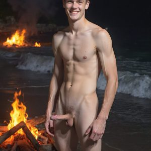 Bad Boys Naked Beach Party II. A full-body composition of a nude young man standing near a crackling bonfire, on a serene moonlit night at the beach. The gentle glow of the flames, flickers across his shinny wet body, catching his contours, and highlighting his muscular physique and handsome face. People everywhere partying, dancing to the music, having a good time together, naked, and free.
