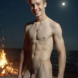 Bad Boys Naked Beach Party II. A full-body composition of a nude young man standing near a crackling bonfire, on a serene moonlit night at the beach. The gentle glow of the flames, flickers across his shinny wet body, catching his contours, and highlighting his muscular physique and handsome face. People everywhere partying, dancing to the music, having a good time together, naked, and free.
