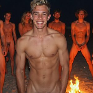 Bad Boys Naked Beach Party II. A full-body composition of a nude young man standing near a crackling bonfire, on a serene moonlit night at the beach. The gentle glow of the flames, flickers across his shinny wet body, catching his contours, and highlighting his muscular physique and handsome face. People everywhere partying, dancing to the music, having a good time together, naked, and free.