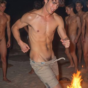 Bad Boys Naked Beach Party II. A full-body composition of a nude young man standing near a crackling bonfire, on a serene moonlit night at the beach. The gentle glow of the flames, flickers across his shinny wet body, catching his contours, and highlighting his muscular physique and handsome face. People everywhere partying, dancing to the music, having a good time together, naked, and free.