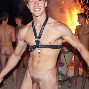 Bad Boys Naked Beach Party II. A full-body composition of a nude young man standing near a crackling bonfire, on a serene moonlit night at the beach. The gentle glow of the flames, flickers across his shinny wet body, catching his contours, and highlighting his muscular physique and handsome face. People everywhere partying, dancing to the music, having a good time together, naked, and free.
